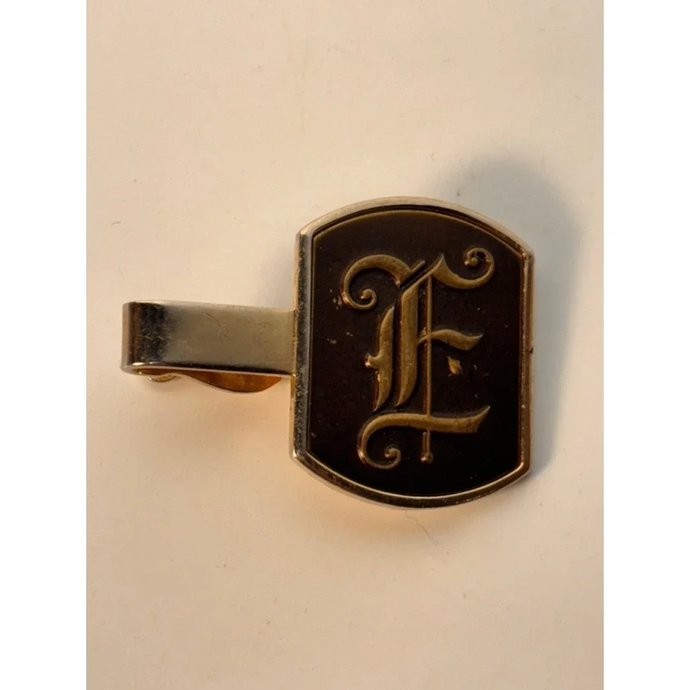 Vintage Swank Tie Clip Gold Black Initial E Old English Gothic Dark Academia SEO